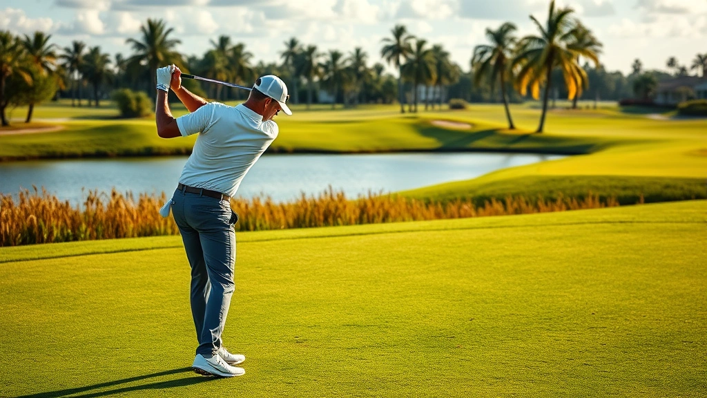 Professional golfer mid-swing on lush fairway with water hazard visible in background, morning sunlight, Florida landscape with palm trees, focused concentration on face