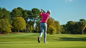 Golfer in polo shirt mid-swing on manicured fairway with trees and blue sky, professional course photography style, no text visible