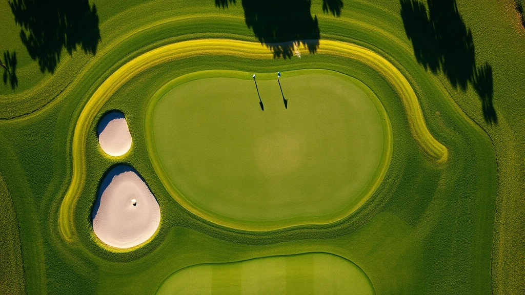 Overhead view of elevated green with bunkers and water hazard protection, pristine manicured grass, measuring flags visible, strategic course design elements