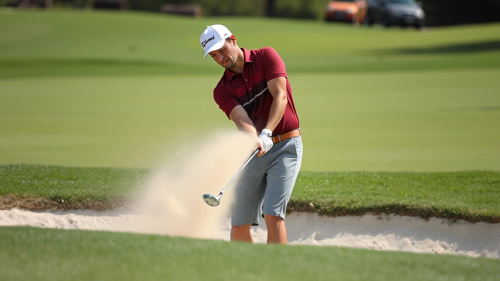 Golfer in practice bunker executing wedge shot with sand spray, determined expression, professional technique demonstration, course maintenance visible in background