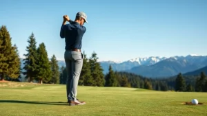 Professional golfer addressing the ball on a beautiful mountain course fairway with evergreen trees and distant peaks in background, clear blue sky, photorealistic