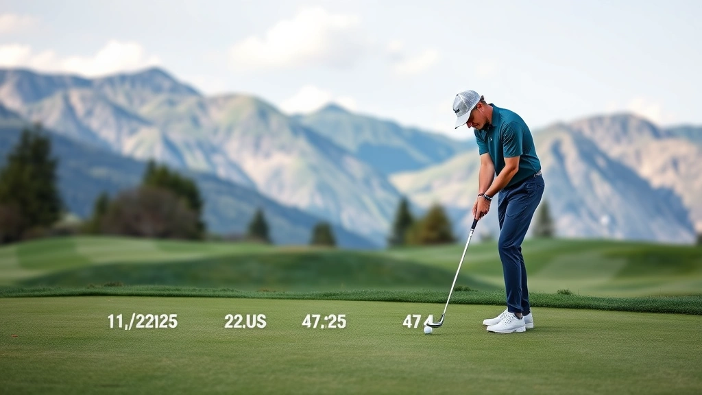 Golfer practicing short game on practice green with varied distances, demonstrating proper technique and focus, natural mountain course setting, daylight