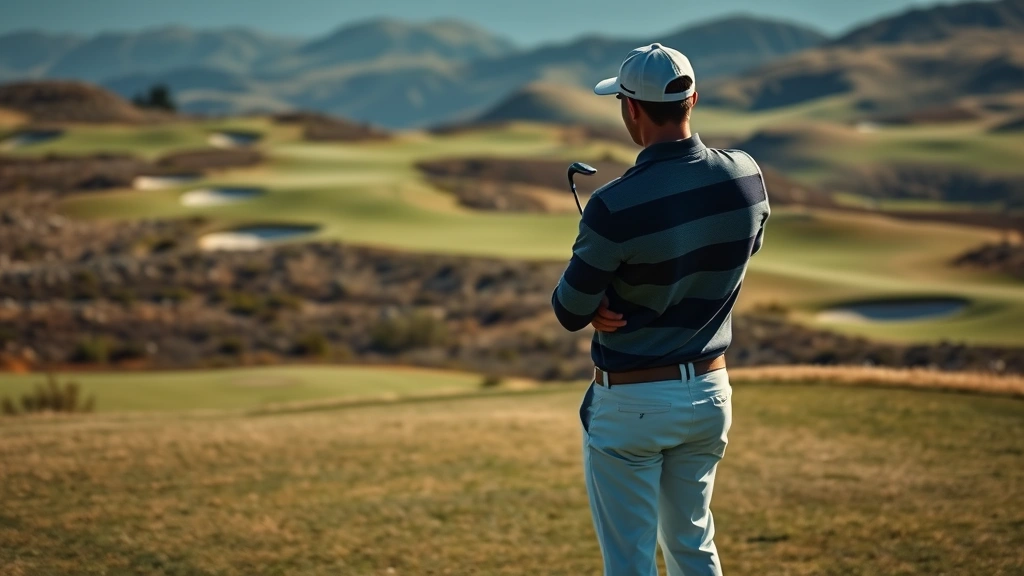 Overhead view of golfer analyzing course layout and planning strategy before shot, standing on fairway with rolling terrain and bunkers visible, mountain backdrop