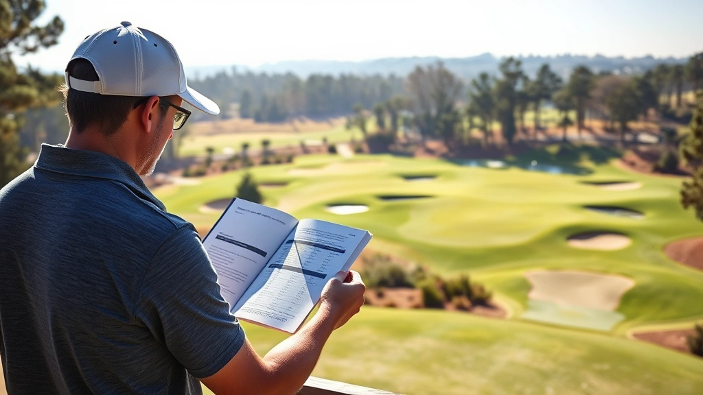 Golfer analyzing course layout from elevated tee box overlooking fairway with strategic bunkers and water hazards visible, studying yardage book in morning sunlight, focused concentration on course management