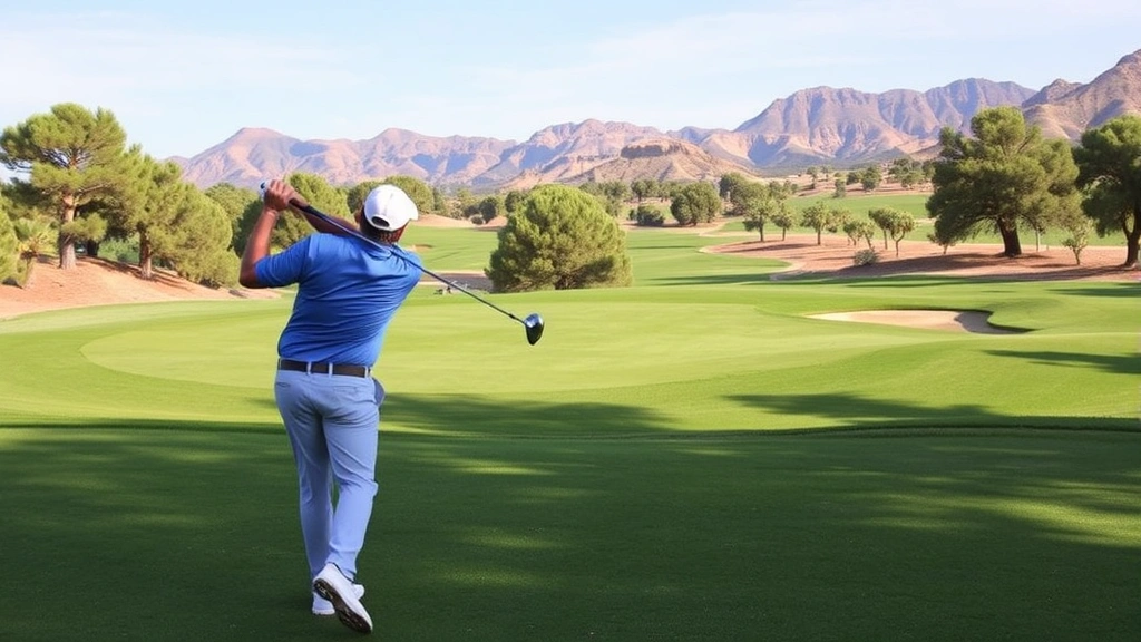 Golfer executing precision iron shot toward green at Indian Tree Golf Course, demonstrating proper form and technique with beautiful golf course landscape background, manicured fairway and strategic hazards