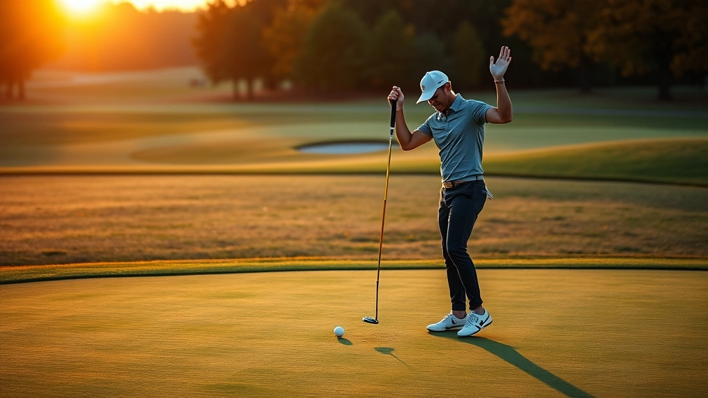 Golfer celebrating successful putt on green at sunset, showing emotional resilience and mental game mastery, peaceful golf course setting with autumn colors and well-maintained putting surface