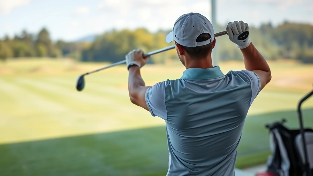 Professional golfer executing perfect swing form at driving range with natural lighting, showing proper posture and technique, lush green fairway visible in background