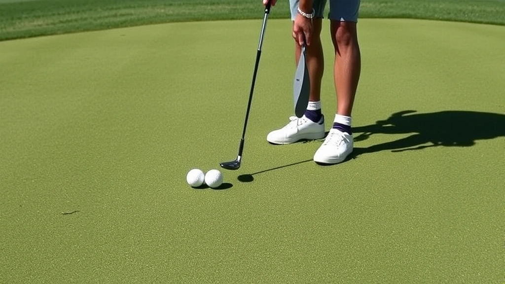 Golfer practicing short-game shots on practice green with multiple golf balls, focusing on chipping and pitching technique near the putting surface