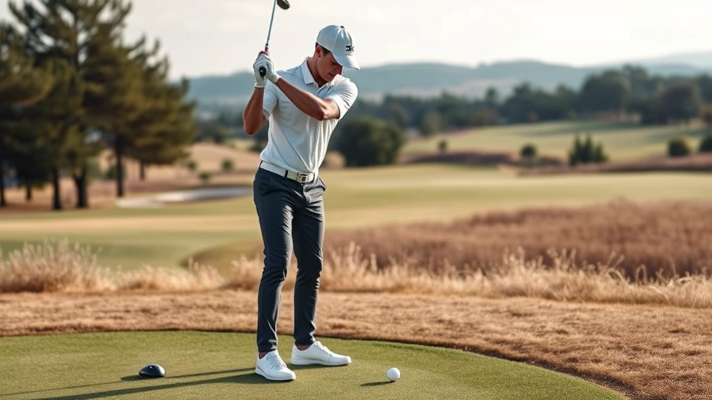 Golfer performing pre-shot routine before hitting, visualizing shot with relaxed posture, standing behind ball with scenic golf course landscape in background