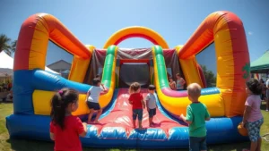 Wide angle view of colorful inflatable obstacle course at outdoor community event with children and adults preparing to enter, proper anchoring visible, safety supervisor in background, sunny day with clear sky