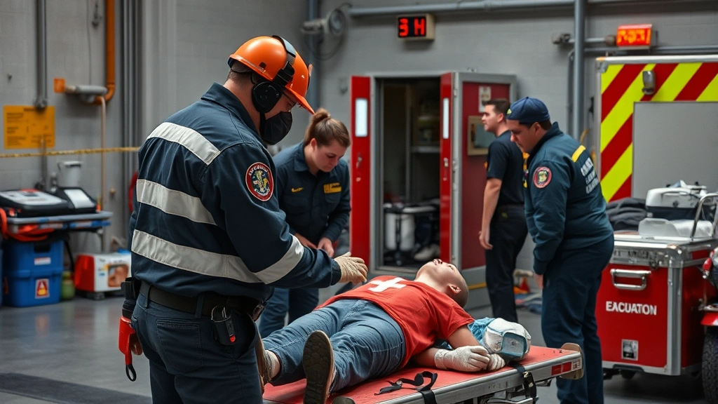 Emergency response training scene showing first aid supervisor attending to participant, other staff members assisting, clear evacuation routes visible, professional medical equipment nearby, serious but controlled environment