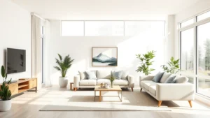 Modern bright living room with neutral color palette, comfortable seating arrangement, natural lighting from large windows, minimalist design with warm wooden accents, plants adding greenery, photorealistic professional interior photography