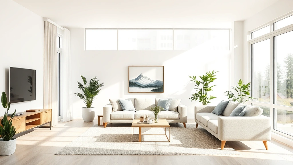 Modern bright living room with neutral color palette, comfortable seating arrangement, natural lighting from large windows, minimalist design with warm wooden accents, plants adding greenery, photorealistic professional interior photography