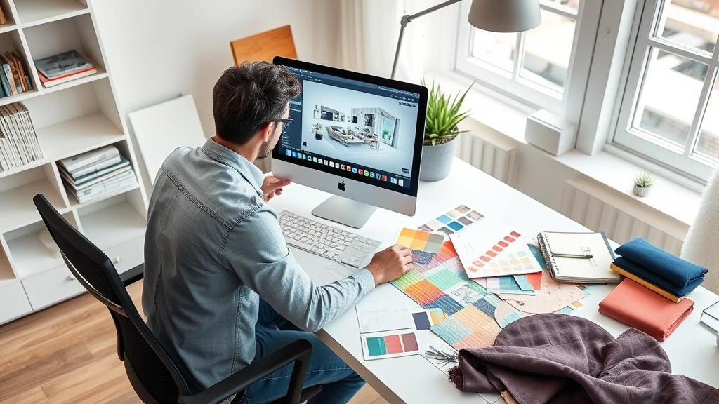 Interior designer working at desk with color swatches, fabric samples, and design materials spread out, using laptop to view 3D design software, natural workspace lighting, professional creative environment without visible text or documents