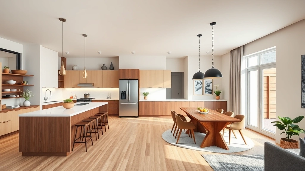 Contemporary kitchen and dining space with open floor plan, modern lighting fixtures, coordinated color scheme, functional layout with clear traffic flow, professional staging showing design principles in action, photorealistic residential interior