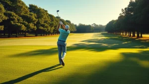 Professional golfer mid-swing on manicured fairway with tree-lined course layout, morning sunlight creating natural shadows, lush green grass and clear sky