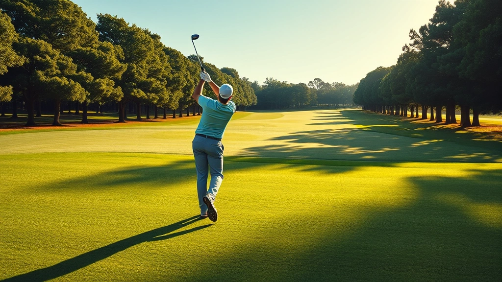 Professional golfer mid-swing on manicured fairway with tree-lined course layout, morning sunlight creating natural shadows, lush green grass and clear sky