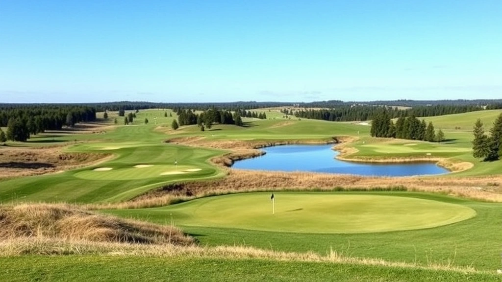 Golf course landscape showing multiple holes with bunkers, water hazards, and rolling terrain under blue sky, natural Minnesota landscape without people or text