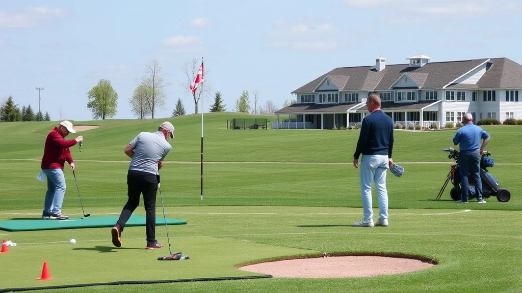 Practice facility with golfers warming up on driving range, chipping area with green target flags, clubhouse building in background, professional course maintenance visible
