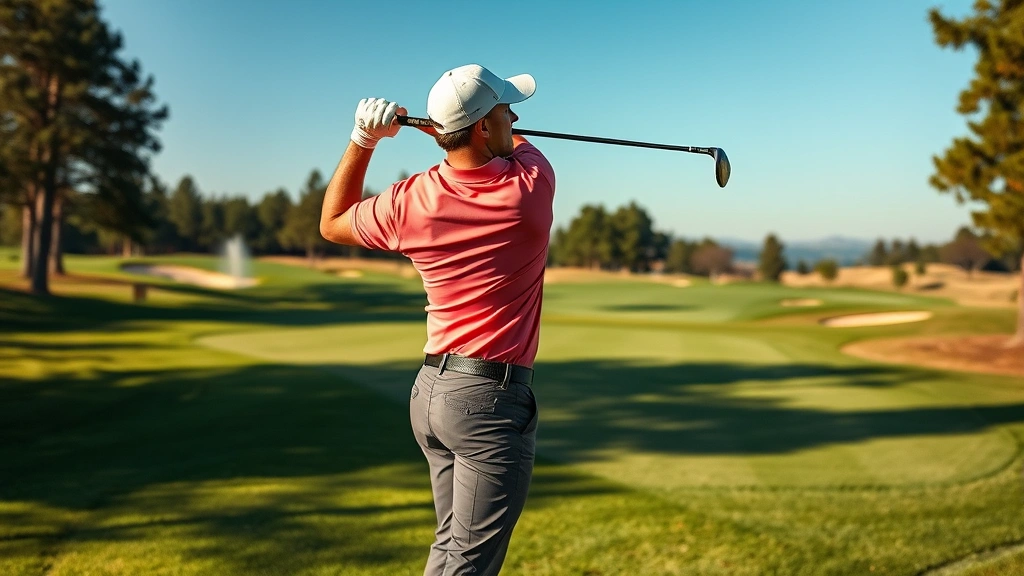 Professional golfer in mid-swing at a scenic golf course with manicured fairways and bunkers, morning sunlight creating shadows, focused expression demonstrating proper technique and form
