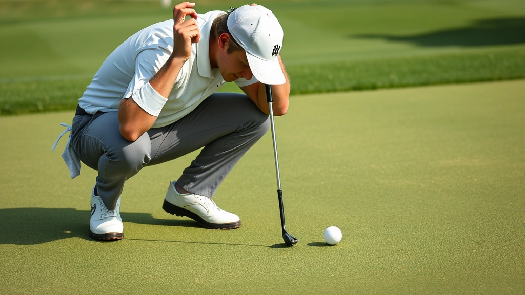 Golfer reading green and analyzing putt on putting surface, crouched position studying slope and grain, strategic assessment before putting stroke execution