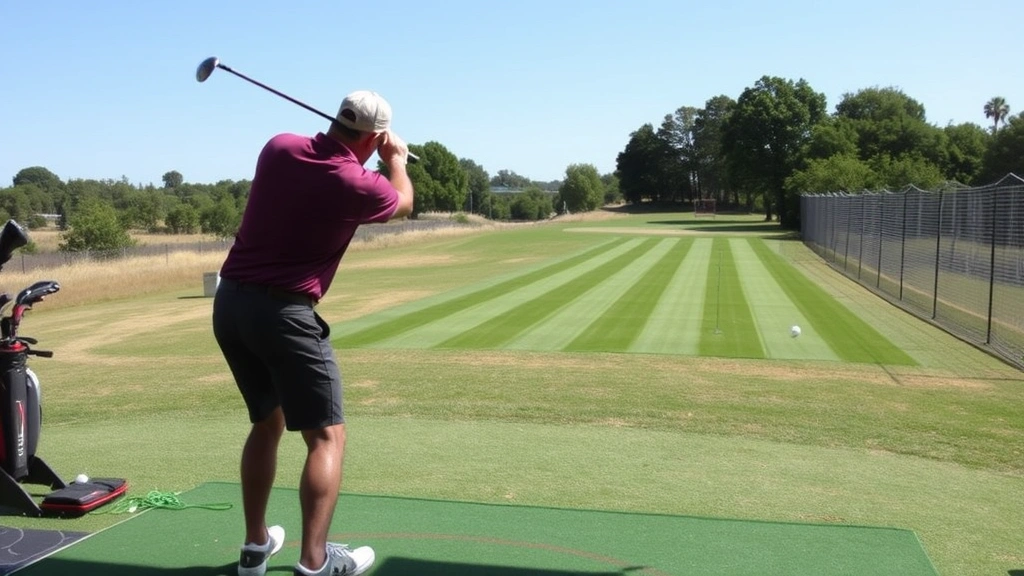 Practice range session with golfer hitting irons toward distant targets, multiple balls lined up, concentrated practice environment with clear objectives and deliberate focus