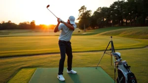 Golfer demonstrating proper grip and stance fundamentals on practice range with alignment training aids at sunrise, professional instruction setting