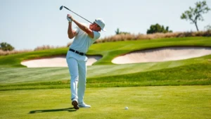 Professional golfer executing precise iron shot on well-manicured fairway with sand bunker visible in background, lush green grass, clear sunny day, natural landscape