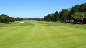 Pristine 18-hole championship golf course fairway with manicured grass, bunkers visible in distance, mature trees lining edges, clear blue sky overhead, natural landscape photography