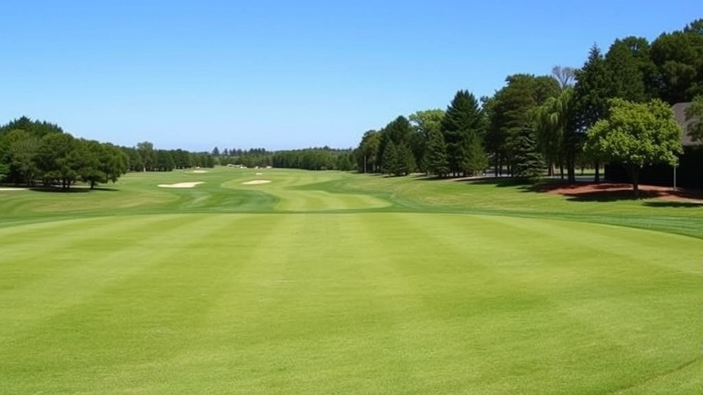Pristine 18-hole championship golf course fairway with manicured grass, bunkers visible in distance, mature trees lining edges, clear blue sky overhead, natural landscape photography