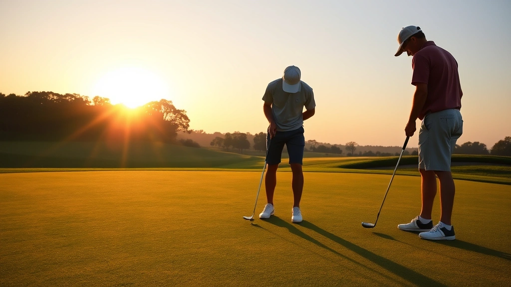 Two golfers concentrating intently on putting during sunset with long shadows across smooth green, golden hour lighting, professional golf course setting, realistic scene