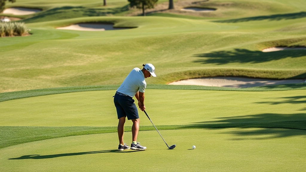 Golfer practicing short game at chipping area near practice green, hitting shots from various distances, professional course maintenance visible, natural lighting