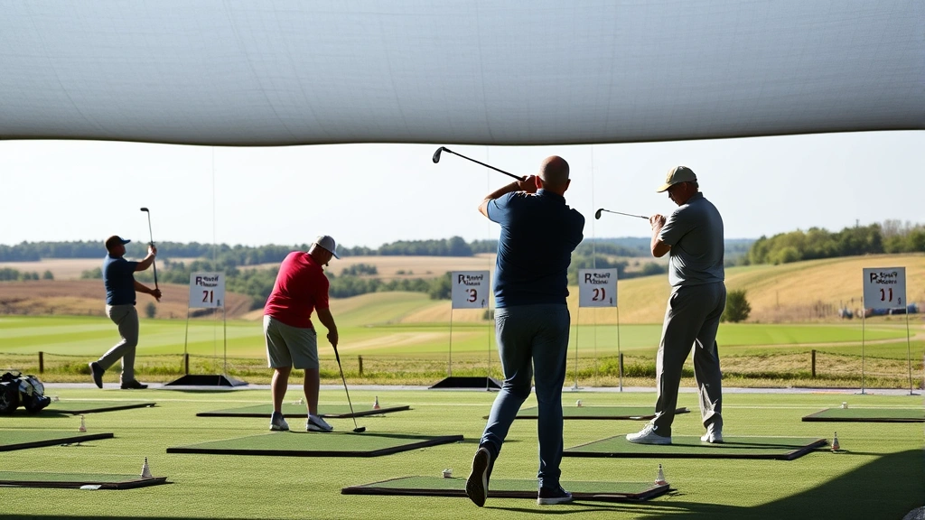 Practice range facility with multiple golfers hitting balls at targets, driving range setup with distance markers, Iowa landscape background, natural outdoor lighting, action photography