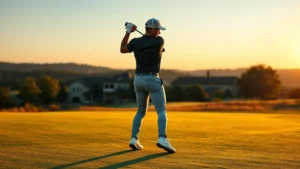 Golfer in athletic stance on fairway during golden hour, perfectly balanced posture demonstrating proper alignment and setup position with natural course landscape background