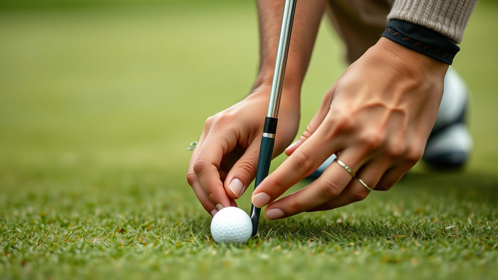 Close-up of golfer's hands executing chip shot near putting green with focused concentration, showing grip technique and club angle without any text or scoreboard visible