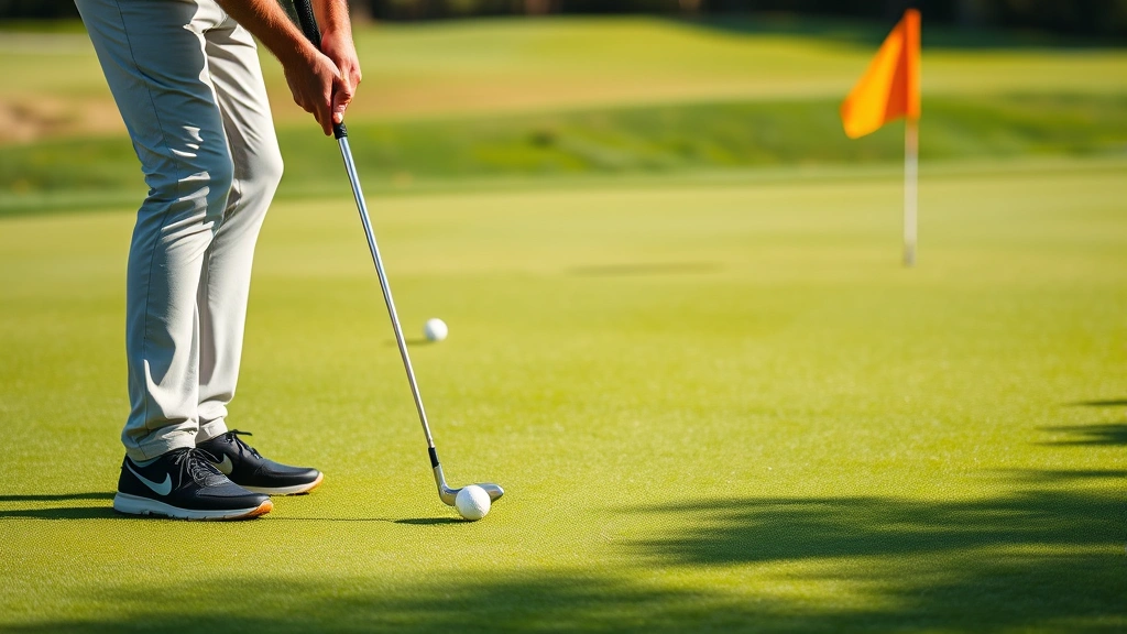 Golfer practicing putting on manicured green with flag in background, demonstrating proper putting stroke mechanics and concentration in natural outdoor lighting conditions