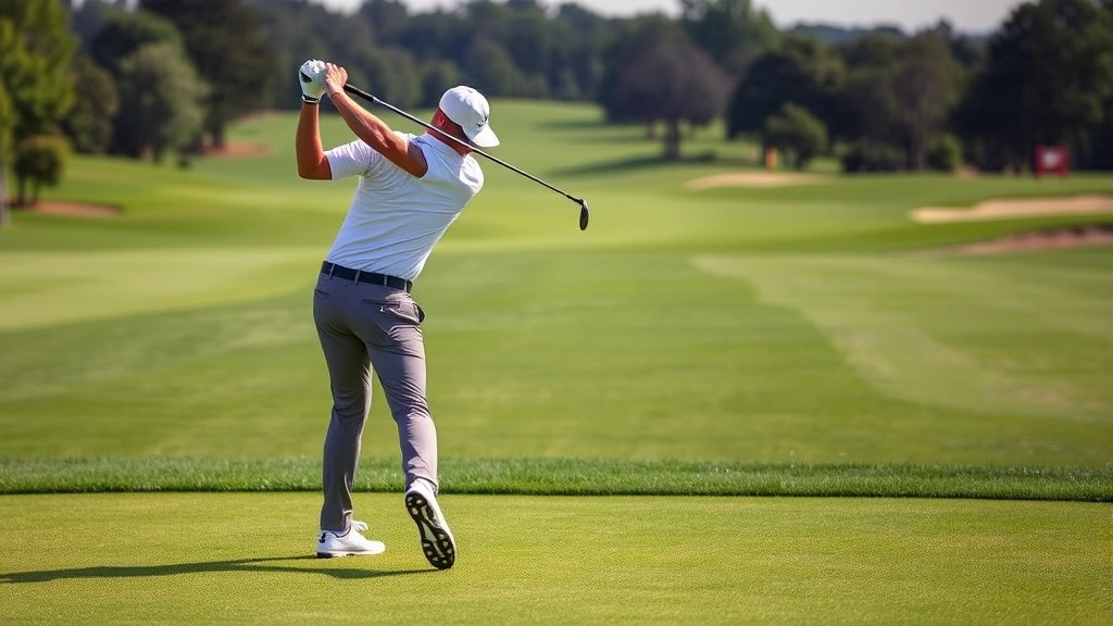 A golfer in mid-swing on a lush fairway, demonstrating proper form and posture during a full swing motion, with natural lighting and green course landscape