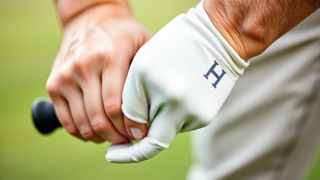 Close-up of a golfer's hands gripping a golf club, showing proper grip technique with relaxed fingers and correct hand positioning on the shaft