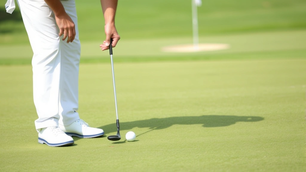 A golfer on the putting green concentrating on a putt, demonstrating focused pre-shot routine with ball visible and cup in background on manicured green