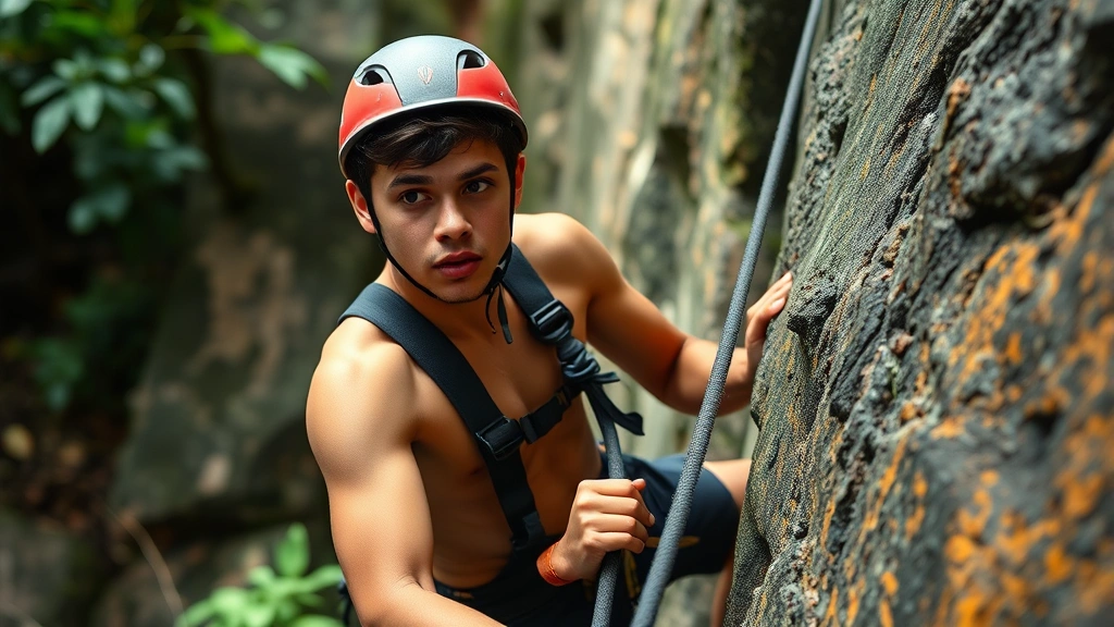 Young adult climbing a natural rock face outdoors with safety equipment, focused expression showing determination and effort in jungle or forest setting, natural lighting