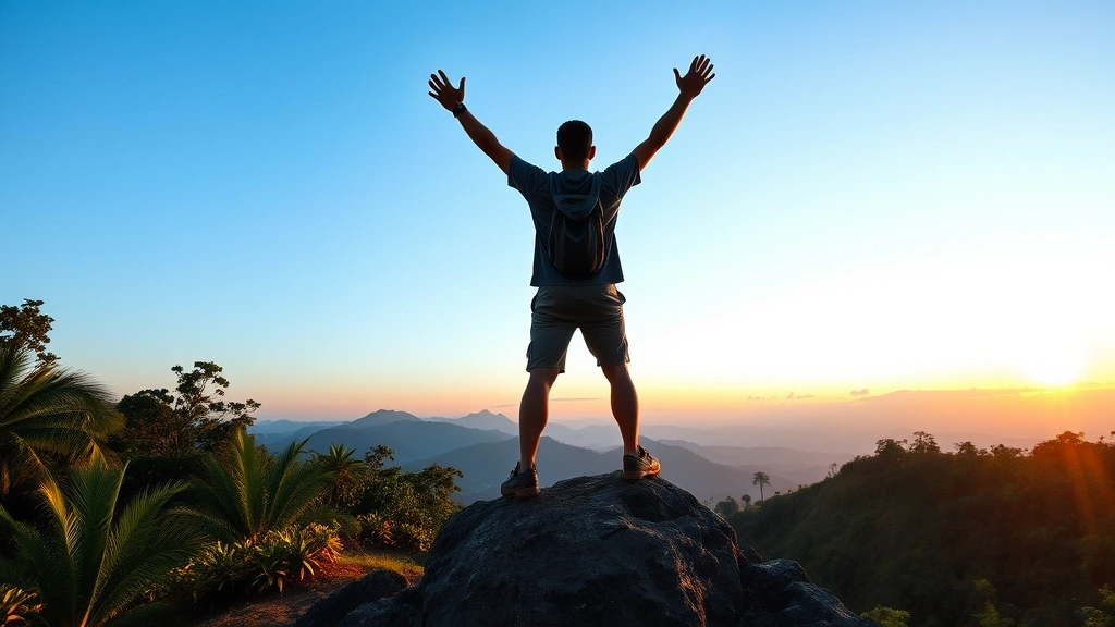 Individual standing triumphantly at the top of a natural elevation or completed outdoor challenge in jungle environment, arms raised in celebration, sunrise or natural landscape backdrop