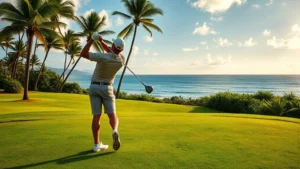 Professional golfer mid-swing on tropical Hawaiian golf course with ocean horizon visible, lush green fairway, trade wind effects, morning light creating shadows on grass