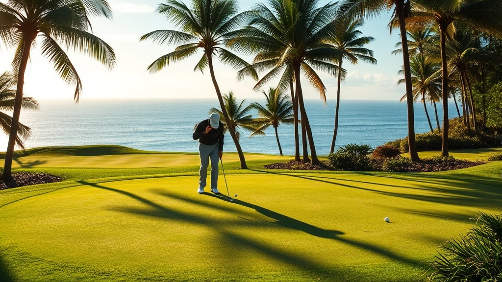 Golfer preparing putt on elevated green with subtle contours, surrounding tropical vegetation, ocean vista in distance, professional course maintenance visible, afternoon sunlight