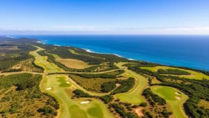 Aerial view of a championship golf course with elevation changes, fairways lined with native tropical vegetation, and ocean views in the background, showing strategic hazard placement and green complexes under clear blue sky