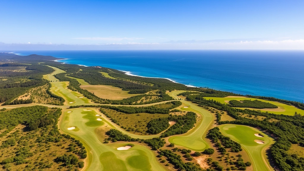 Aerial view of a championship golf course with elevation changes, fairways lined with native tropical vegetation, and ocean views in the background, showing strategic hazard placement and green complexes under clear blue sky