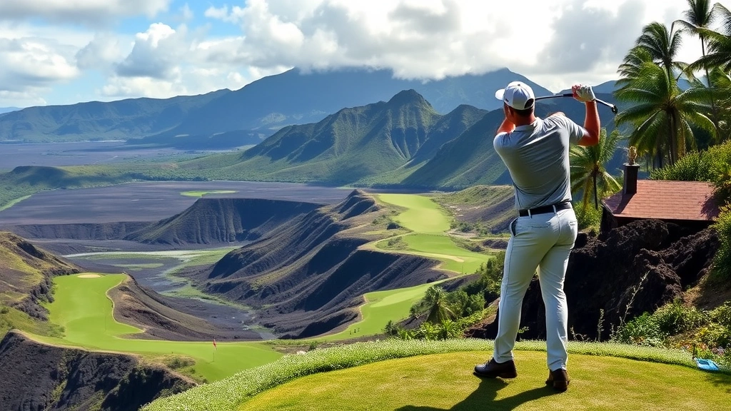 Professional golfer mid-swing on an elevated tee box overlooking a dramatic downhill fairway with volcanic terrain, trade winds visible through flag movement, tropical landscape surrounding the course