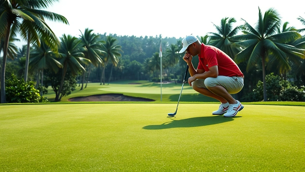Golfer crouching to read green contours on an elevated putting surface, with course topography and slope direction clearly visible, tropical setting with natural lighting showing grass texture and grain patterns