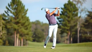 Professional golfer in proper stance and posture mid-swing on a manicured fairway with trees in background, demonstrating correct body alignment and grip technique