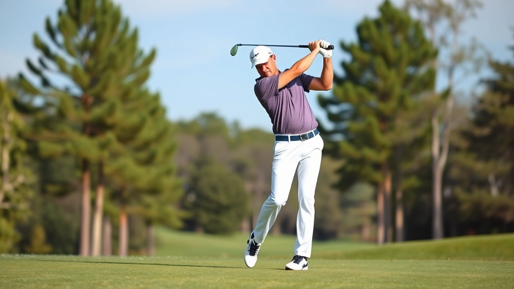 Professional golfer in proper stance and posture mid-swing on a manicured fairway with trees in background, demonstrating correct body alignment and grip technique