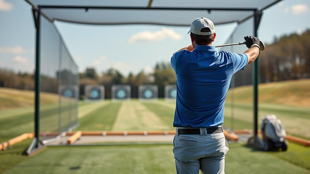 Golfer practicing on driving range with multiple targets visible at different distances, showing focused practice session with quality range facilities and clear weather